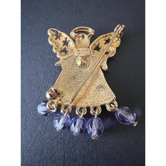 Gold ANGEL with Purple Dangles SPECIAL TEACHER Brooch Pin - Picture 3 of 6